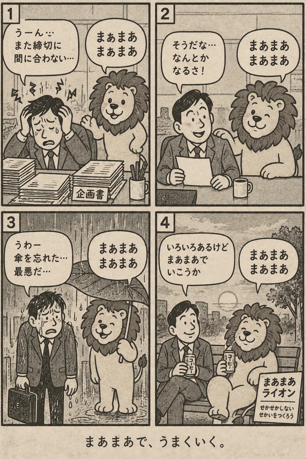 締切や雨に困る会社員を、まあまあらいおんが励ます4コマ漫画