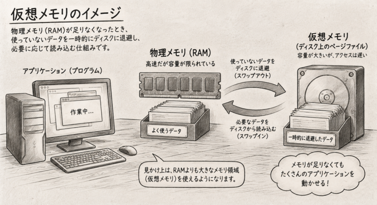 仮想メモリは物理メモリが不足したときに使われます